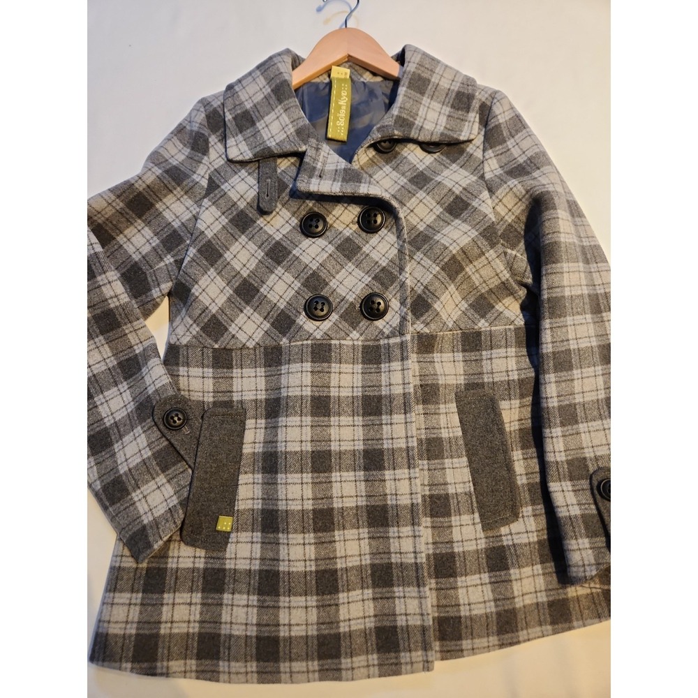 Soia & Kyo Grey Plaid Wool Blend Double Breasted Pea Coat Funnel Neck Jacket